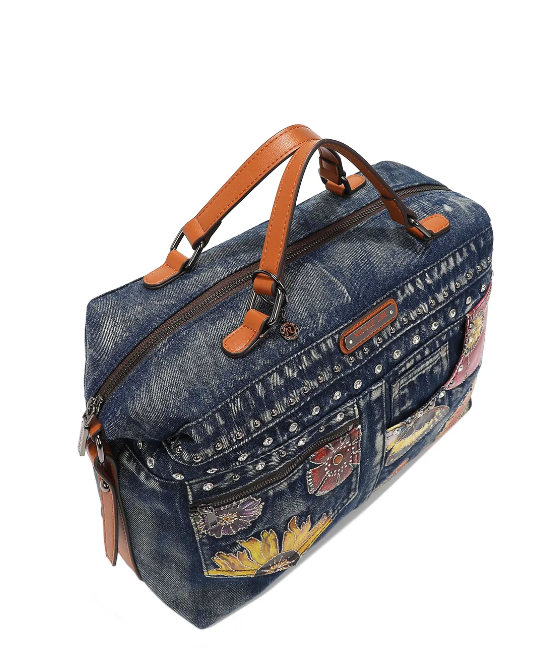 BUTTER-FLOWER DENIM BOSTON BAG